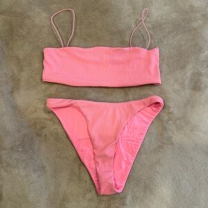 superdown Hot Pink Ribbed Bandeau Bikini Set